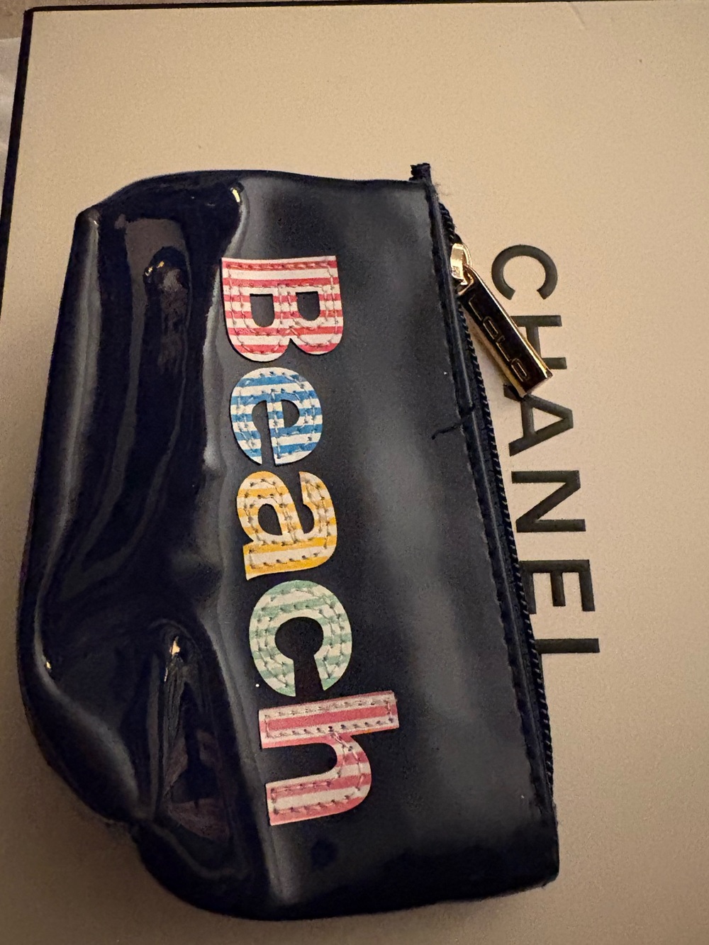 Lola Black Patent Cosmetic Pouch with Multicolor 'Beach' Appliqué